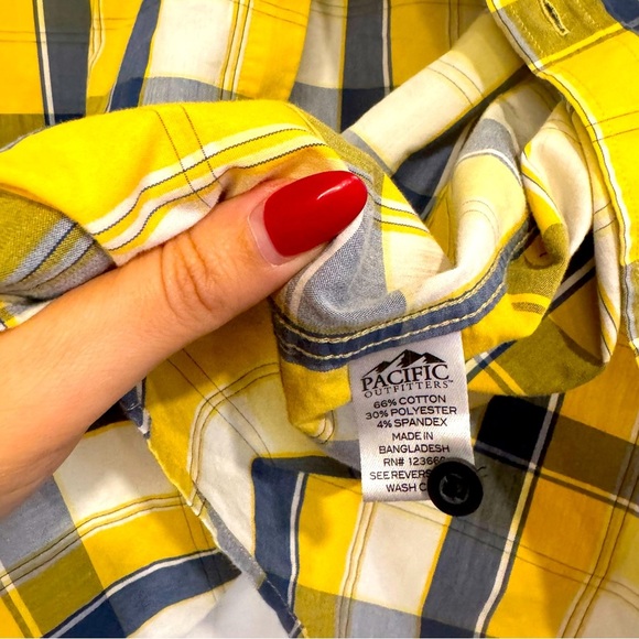 Pacific Outfitters Men's Yellow and Blue Plaid Active Stretch Short Sleeve - Picture 4 of 5